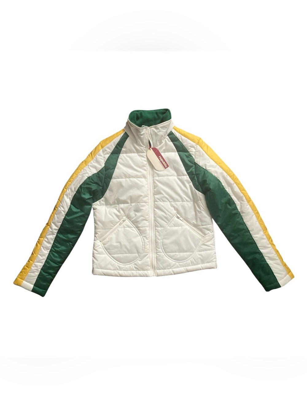 Republic Puffer Jacket Womens Medium White w Green Yellow Stripes